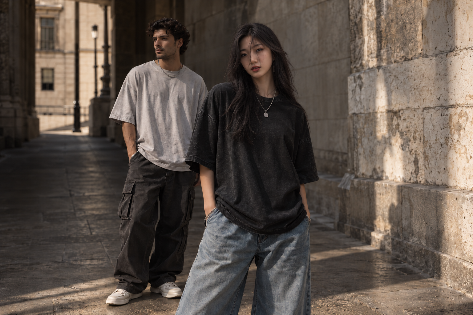 Campanha streetwear HEYO: mulher de cabelo longo escuro e homem com roupas oversized em uma passagem urbana